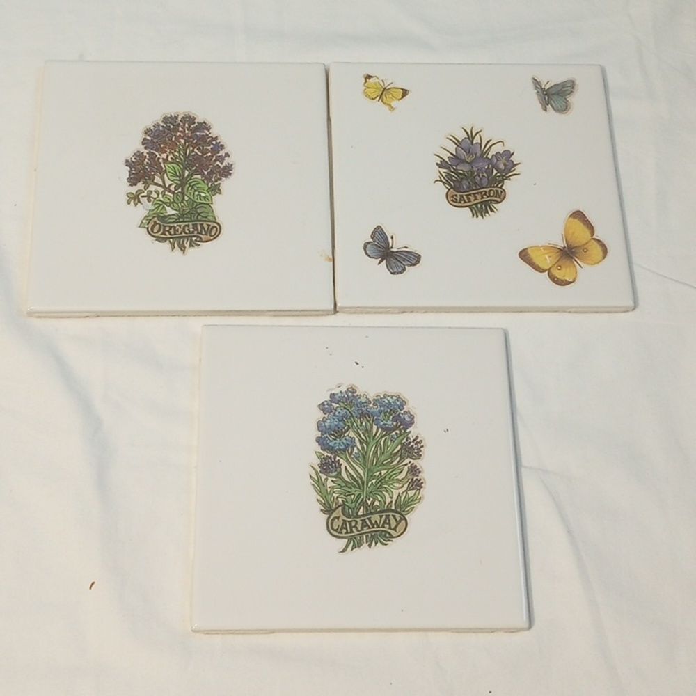 Set of Three Herbal Ceramic Tiles; Saffron, Caraway & Oregano